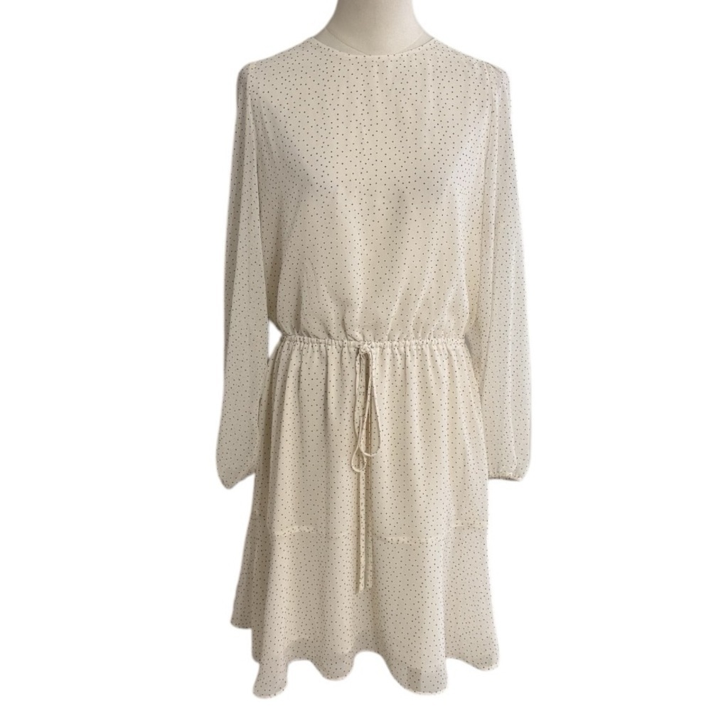 BANANA REPUBLIC Cream Black Polka Dot Long Sleeve Dress Preppy Work Party Size L
